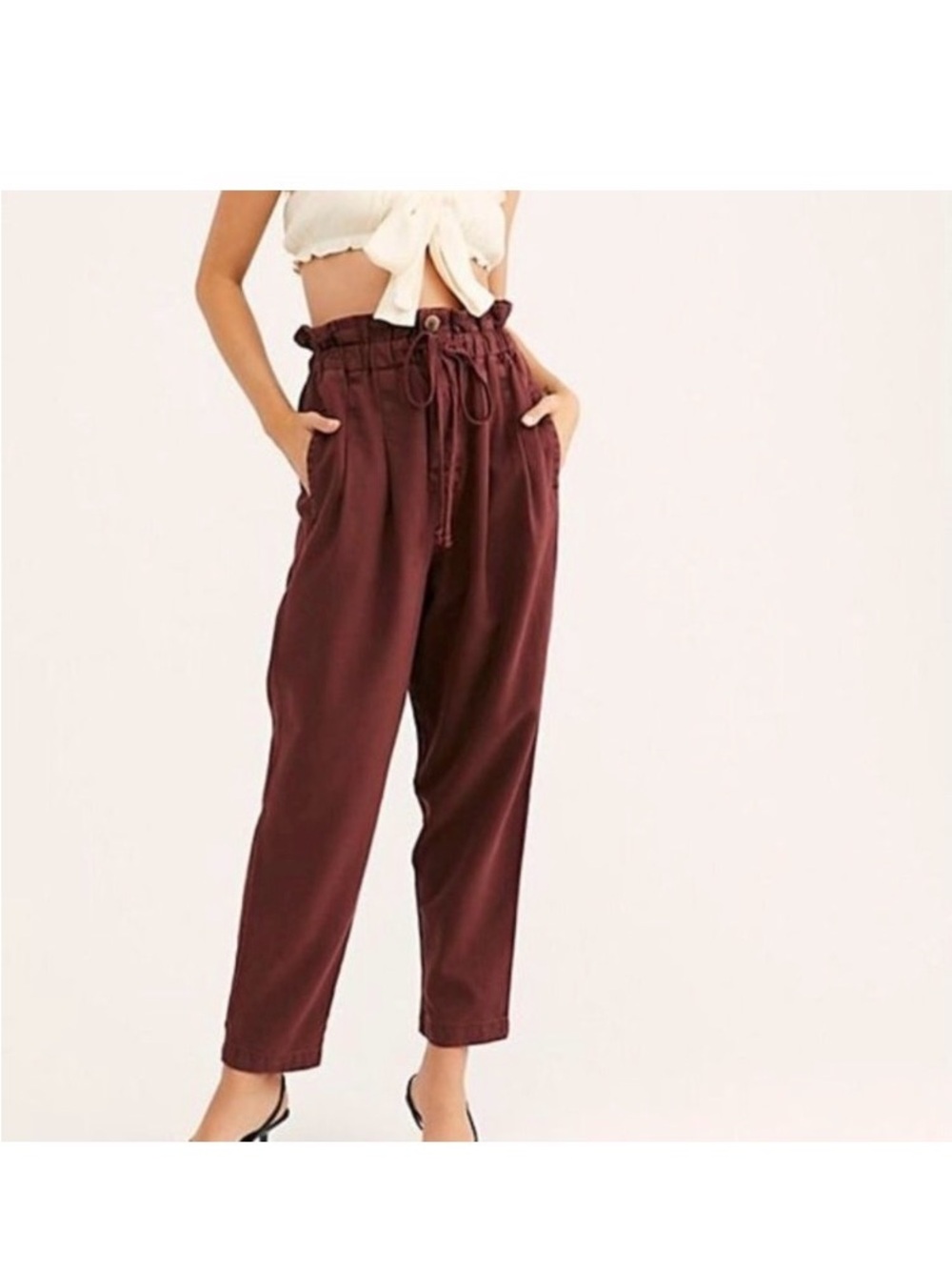 Free People High-Waisted Paperbag Trousers in Burgundy